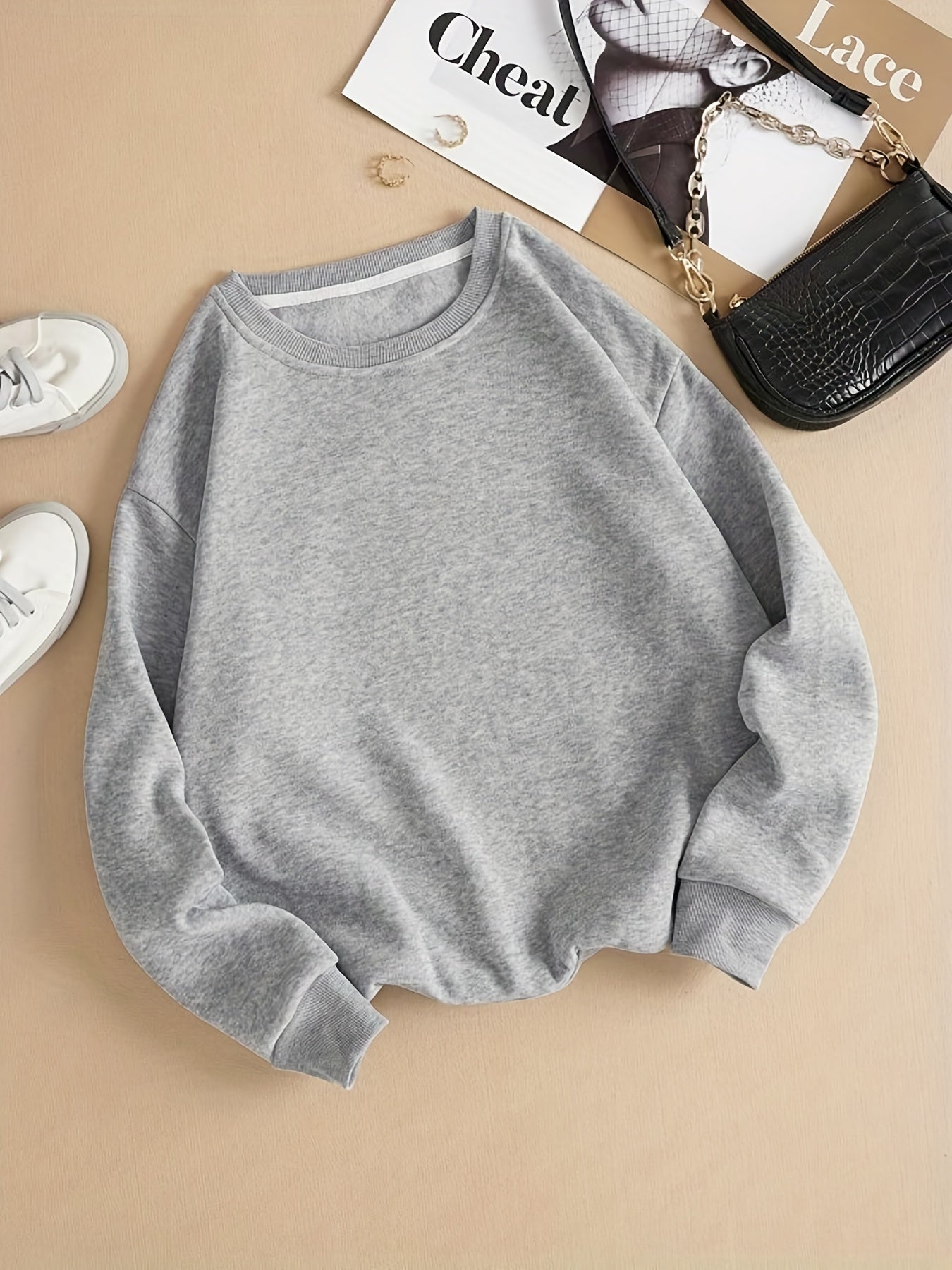Women's Crew Neck Solid Pullover Sweatshirt for Fall & Winter
