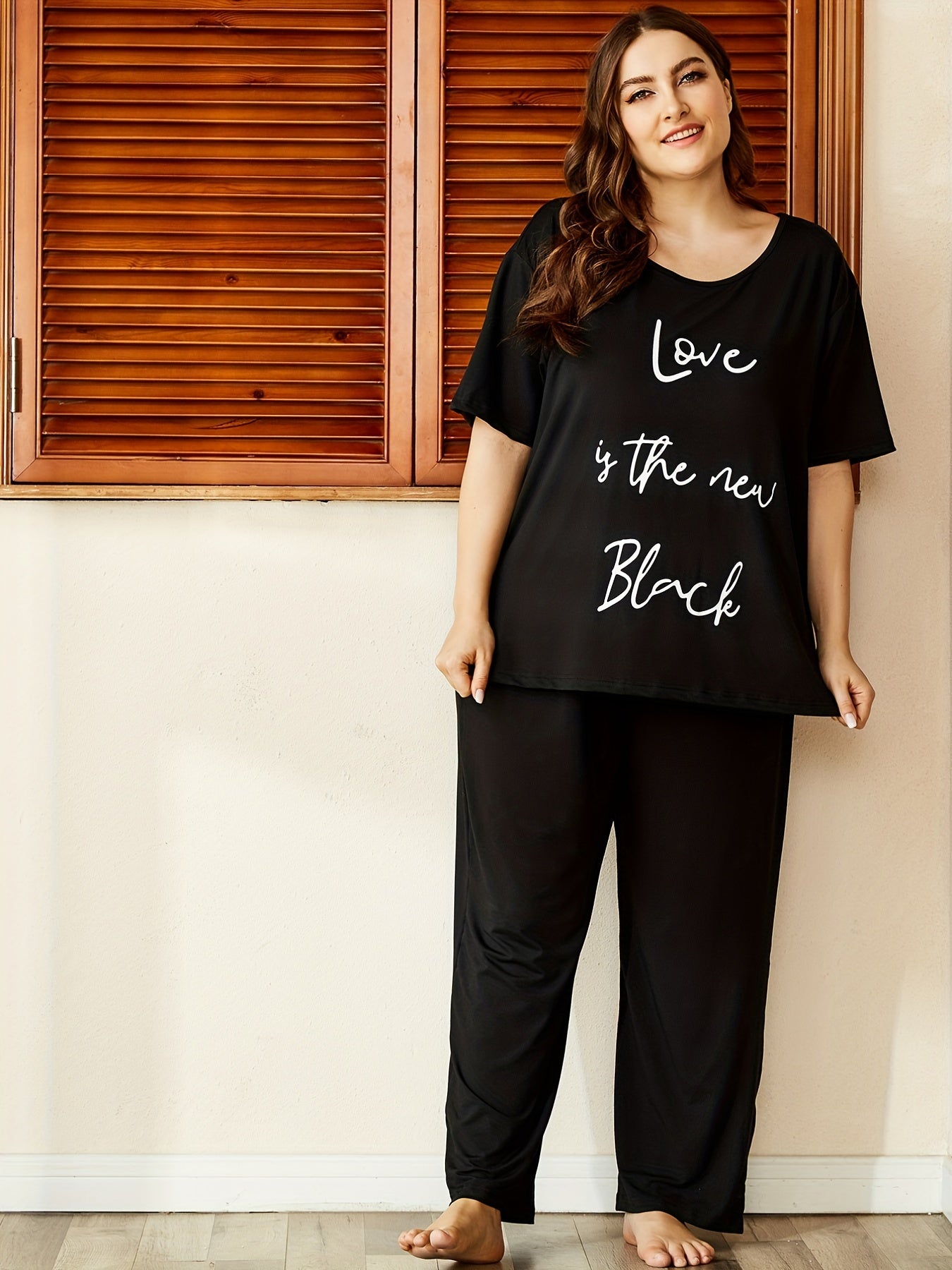 Letter Print Short Sleeve Top & Pants Pajamas Set