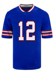 Men's 12 Football Jersey V-Neck Short Sleeve Embroidered Rugby Sweatshirt