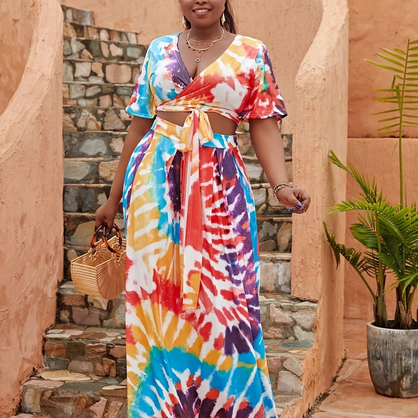 Tie Dye Print Short Sleeve Crop Top & Maxi Skirt Set Plus Size