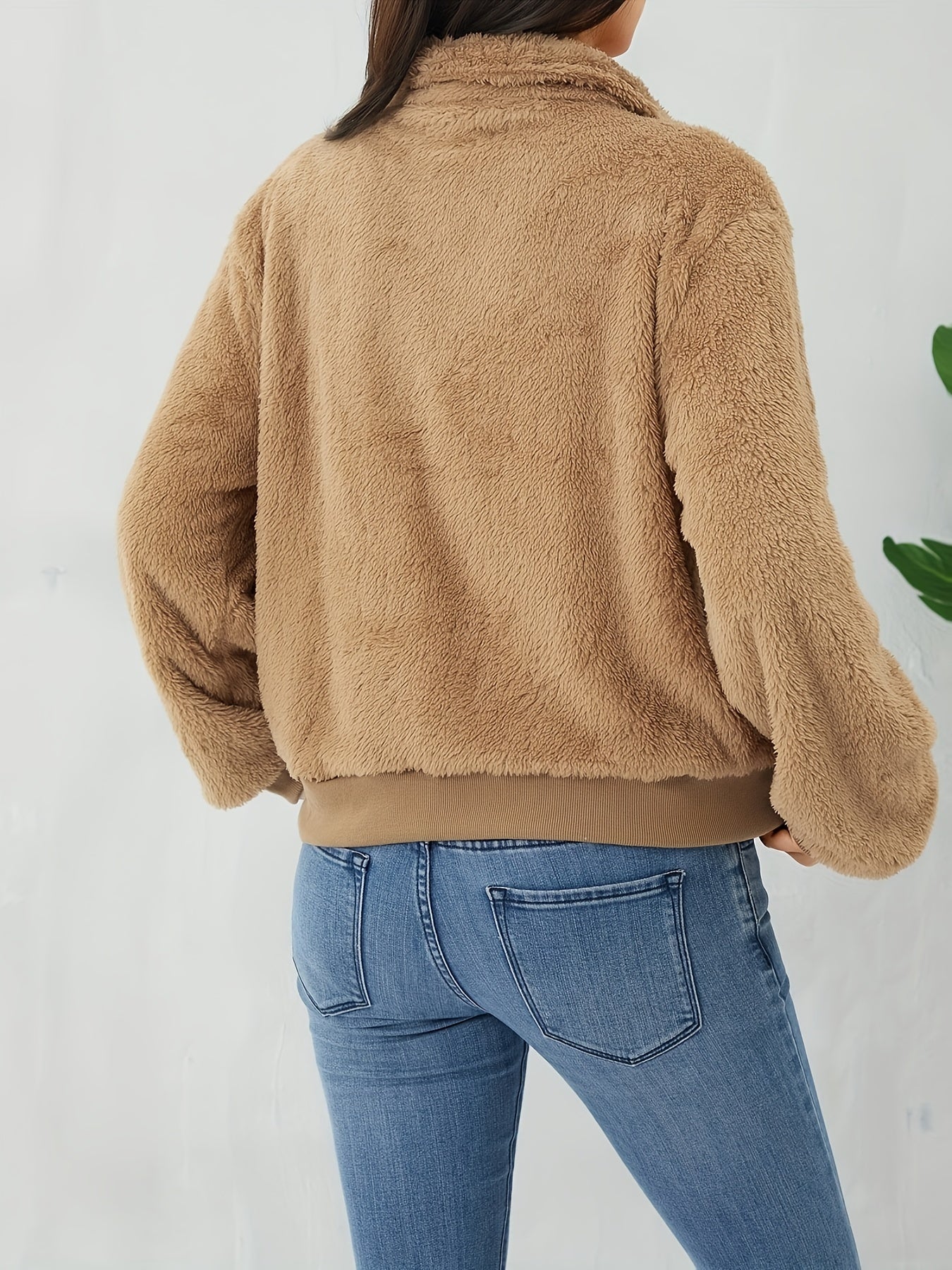 Zip Up Teddy Jacket Solid Casual Long Sleeve Collared Outerwear