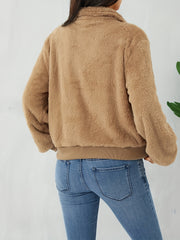 Zip Up Teddy Jacket Solid Casual Long Sleeve Collared Outerwear