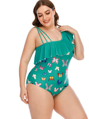 Cartoon Print Ruffle Trim Swimwear One Piece