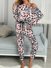 Butterfly Print Pajama Set Long Sleeve Top & Pants Women's Sleepwear