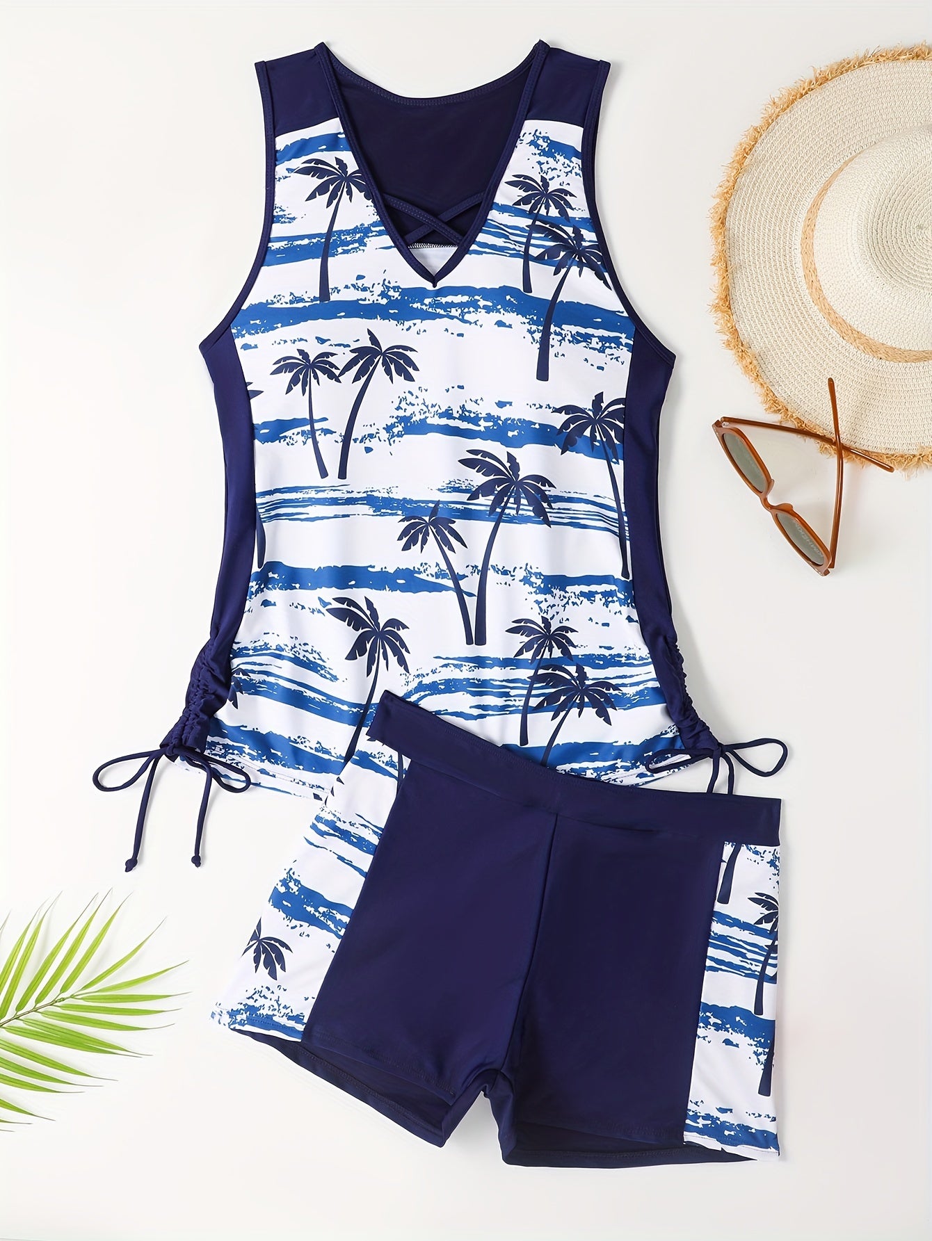 Tropical Print Tankini Set Criss Cross Front Drawstring Top & Shorts