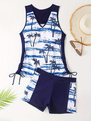 Tropical Print Tankini Set Criss Cross Front Drawstring Top & Shorts