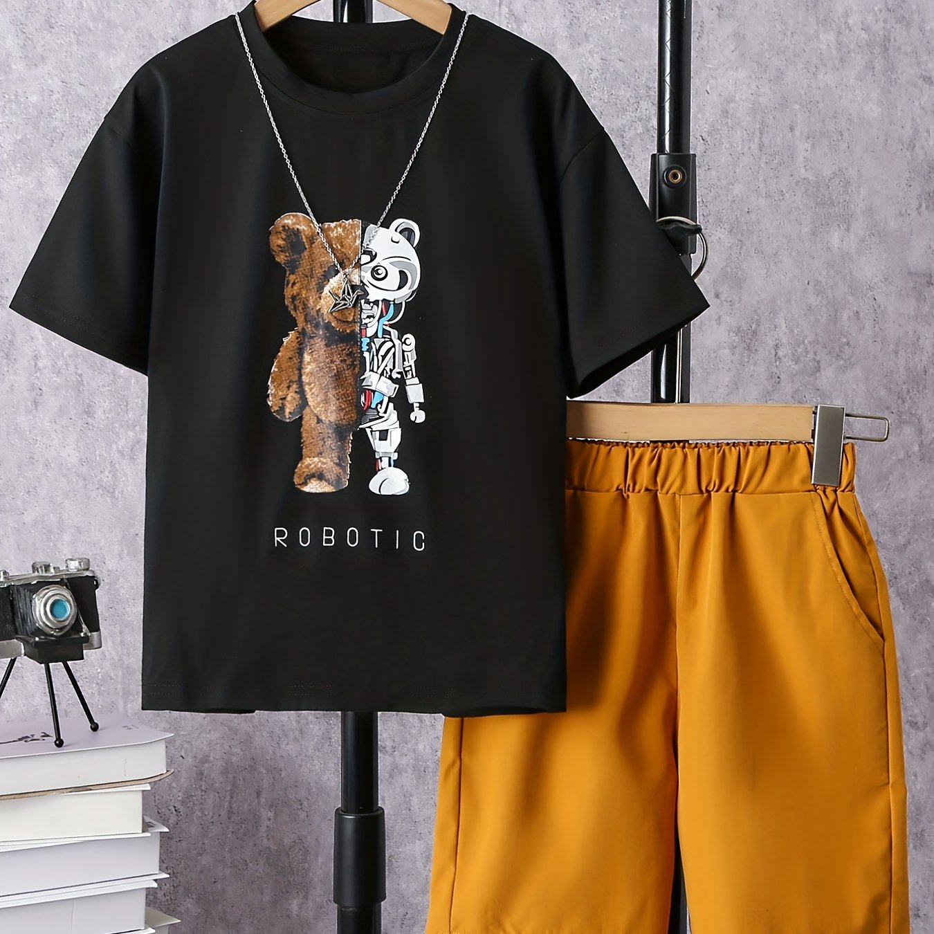 Boys Robotic Bear Graphic Casual Outfit Round Neck T shirt & Shorts Kids