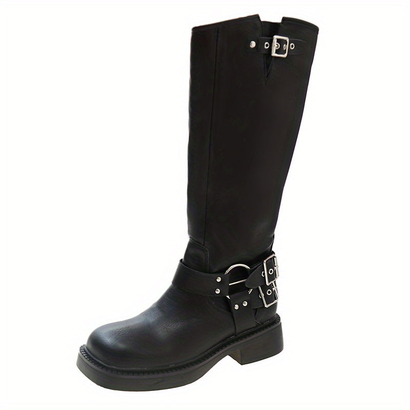 Women's Knee High Buckle Strap Boots Square Toe Solid Riding Boots