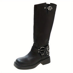 Women's Knee High Buckle Strap Boots Square Toe Solid Riding Boots