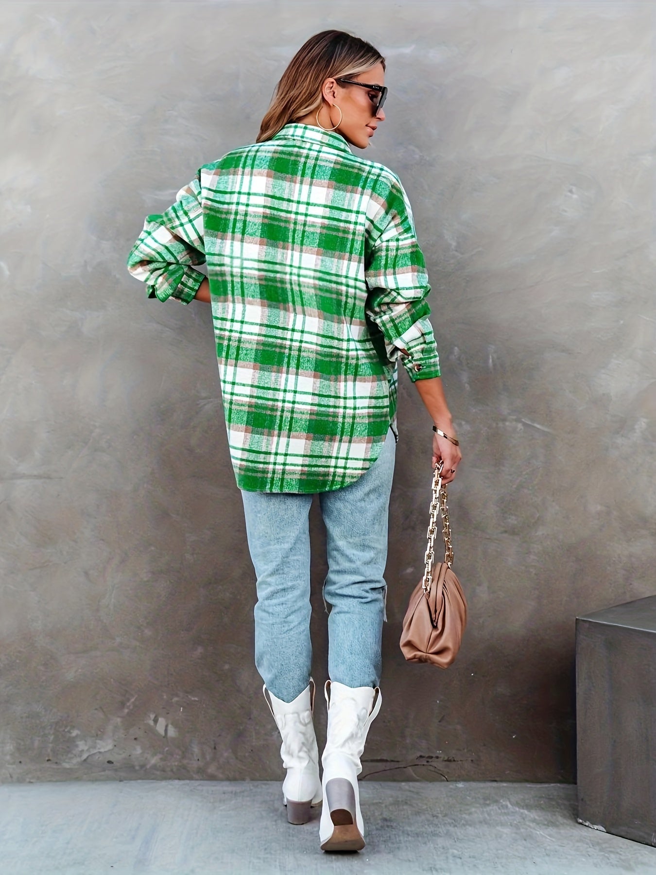 Plaid Button Front Jacket Casual Lapel Long Sleeve Jacket