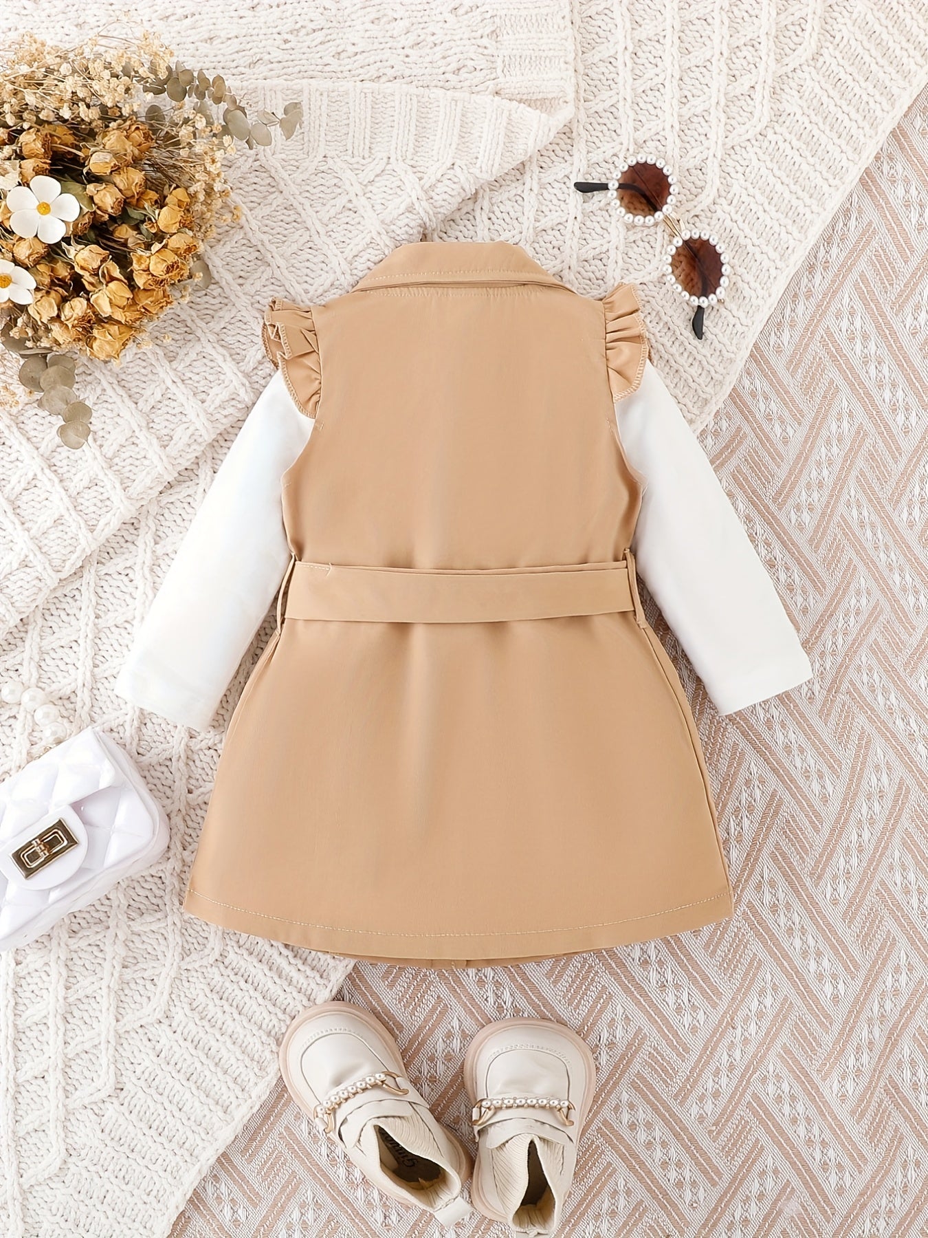 3pcs Baby Girl Stylish Button Up Flutter Sleeve Coat & Blouse & Belt Set