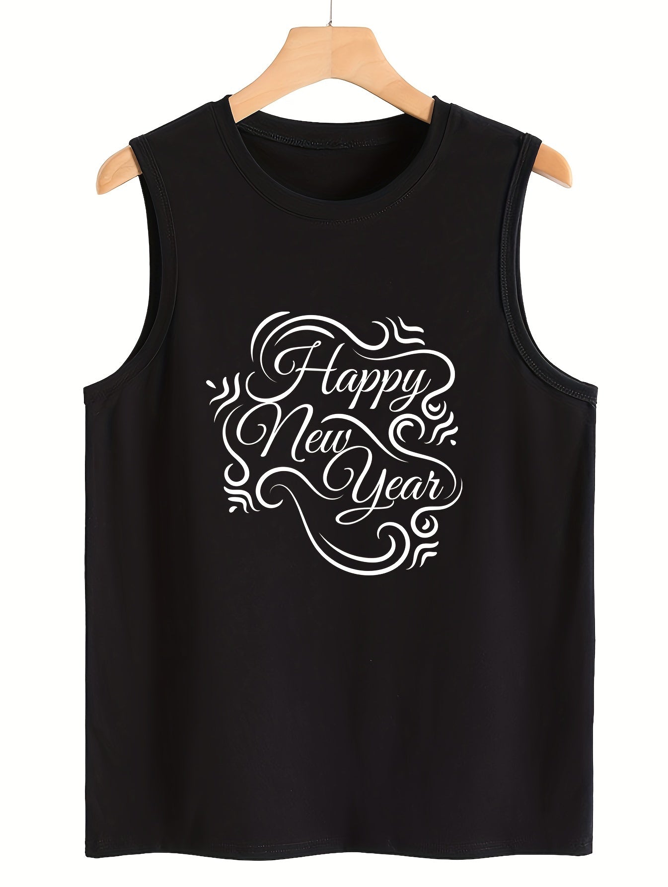 Happy Year Print Sleeveless Sports Vest Round Neck Stretchy Casual Tops Women's