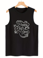 Happy Year Print Sleeveless Sports Vest Round Neck Stretchy Casual Tops Women's
