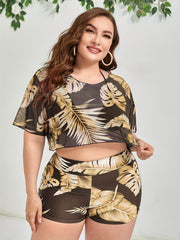 Vacay Tankini Set Women's Plus Tropical Print Cover Up Top & Shorts