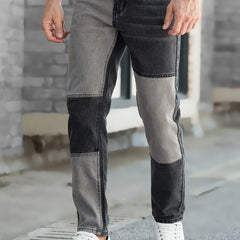 Men's Block Patchwork Pattern Jeans With Pockets