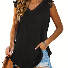 V Neck Tank Top Lace Stitching Sleeveless Summer Casual