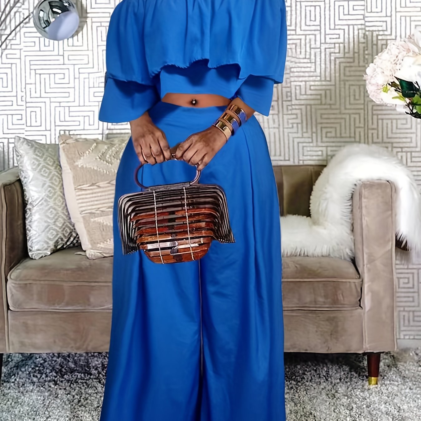 Women's Off Shoulder Crop Top & Wide Leg Pants Set
