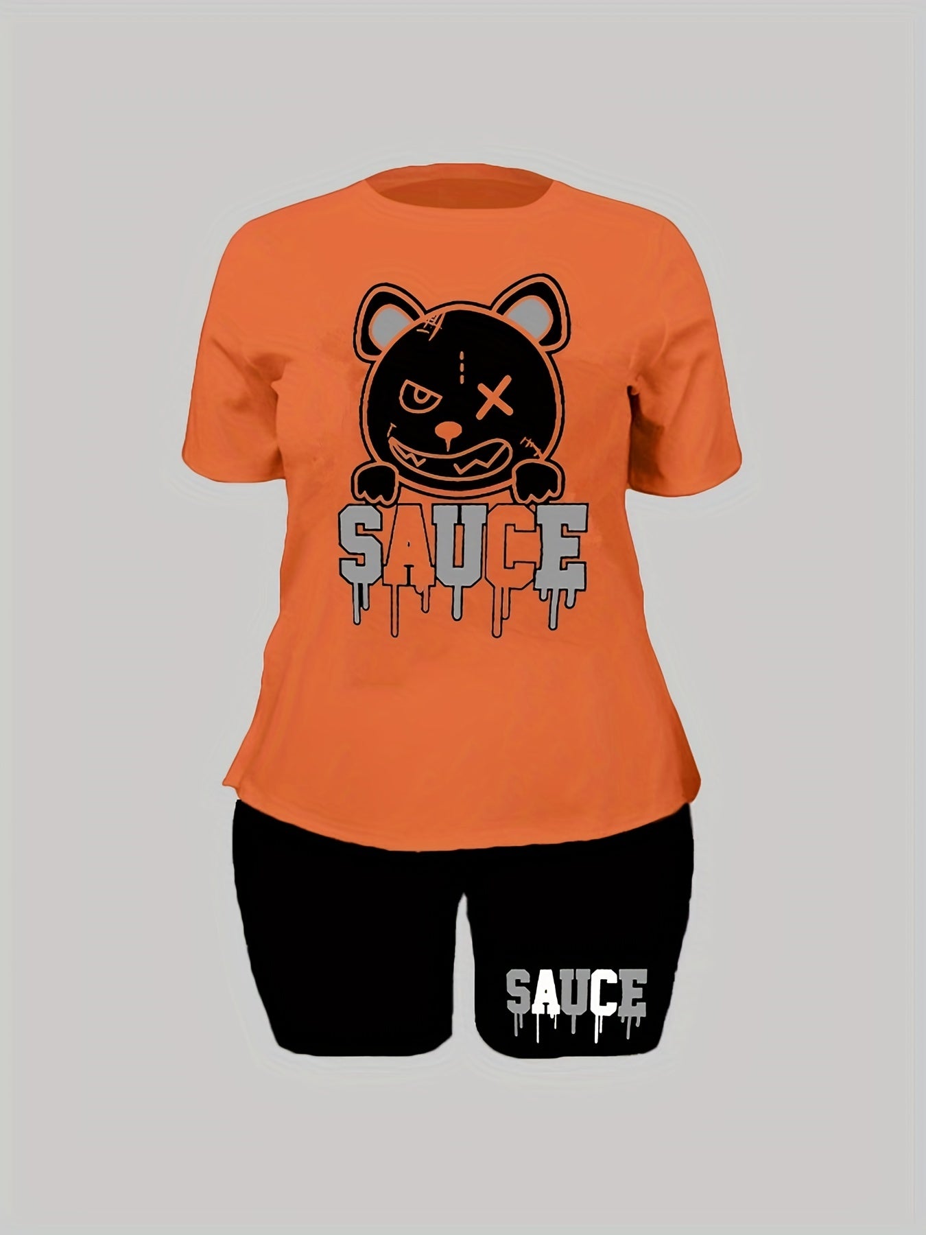 2 Piece Set Women's Letter & Bear Print Crop Top & Shorts