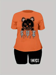 2 Piece Set Women's Letter & Bear Print Crop Top & Shorts