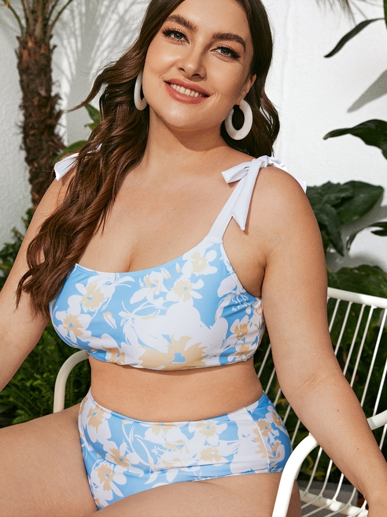 Floral Print Knot Top & Panties Swimsuit Set Plus Size