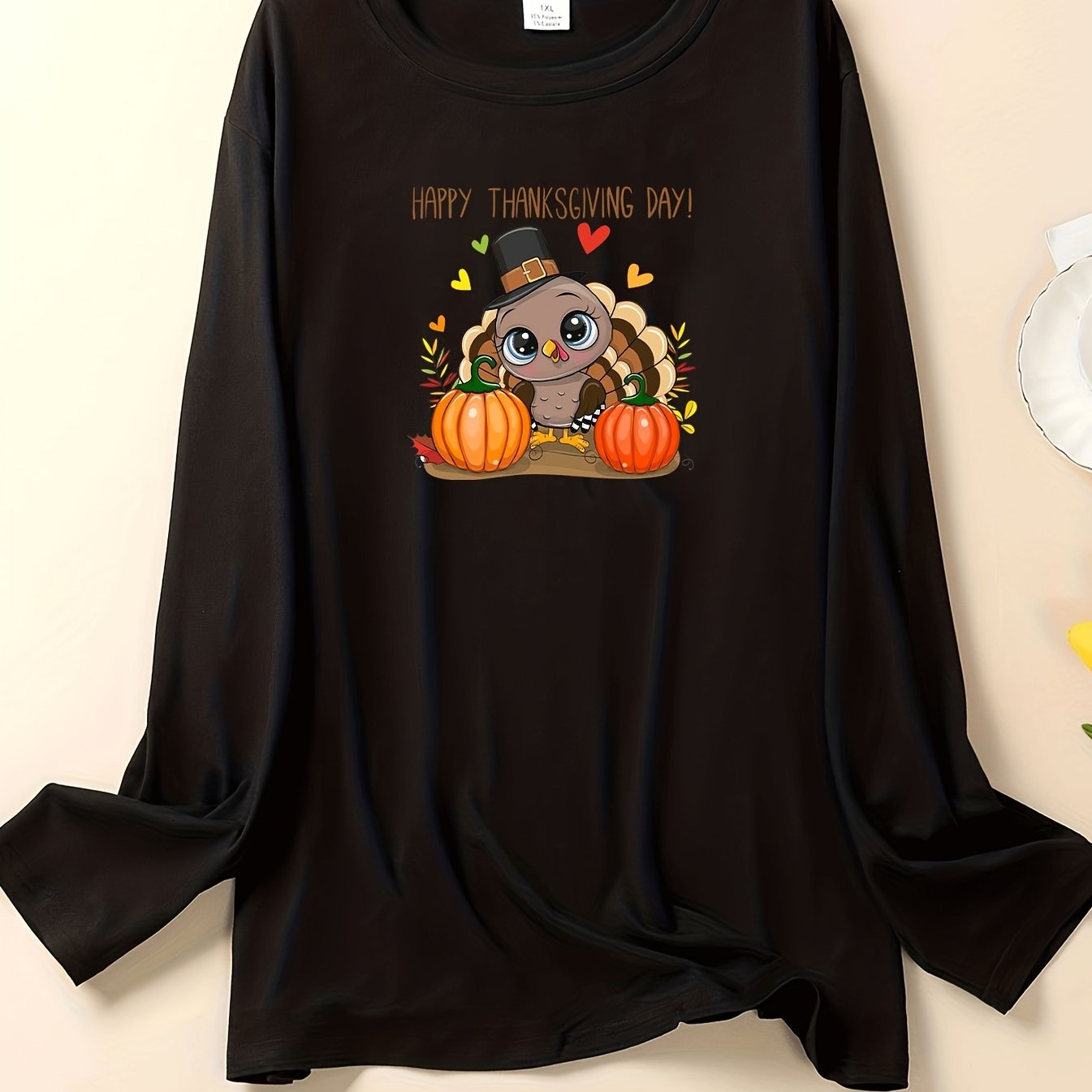 Turkey & Pumpkin Print Long Sleeve Round Neck Lounge Top
