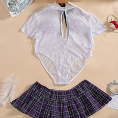 Plaid Print Eyelet Short Sleeve Sexy Bodysuit Costume