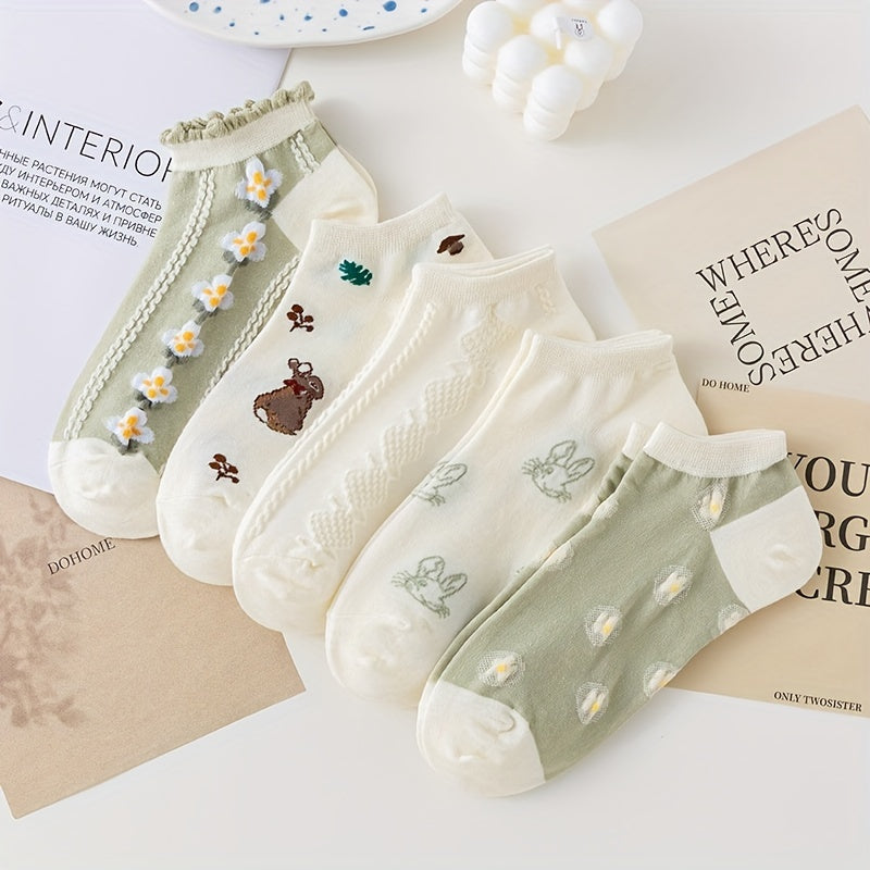 5 Pairs Floral & Bunny Print Socks & Ankle Socks Women's Stockings