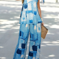 Patchwork Print Two piece Set Casual Sleeveless Tank Top & Wide Leg Pants