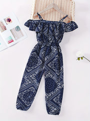 Girls Cold Shoulder Ruffles Ethnic Abstract Pattern Romper Jumpsuits Overalls