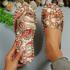 Women's Pattern Slide Sandals Open Toe Slip On Linen Flat Shoes