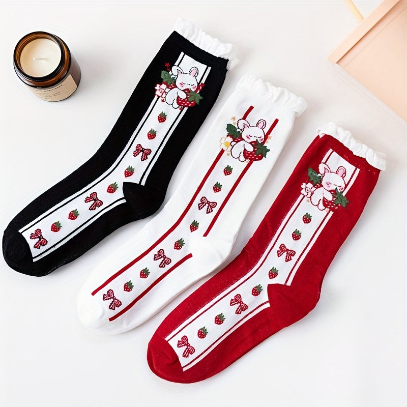 3 Pairs Bunny Print Socks Cute & Ruffle Women's Stockings