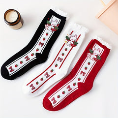 3 Pairs Bunny Print Socks Cute & Ruffle Women's Stockings