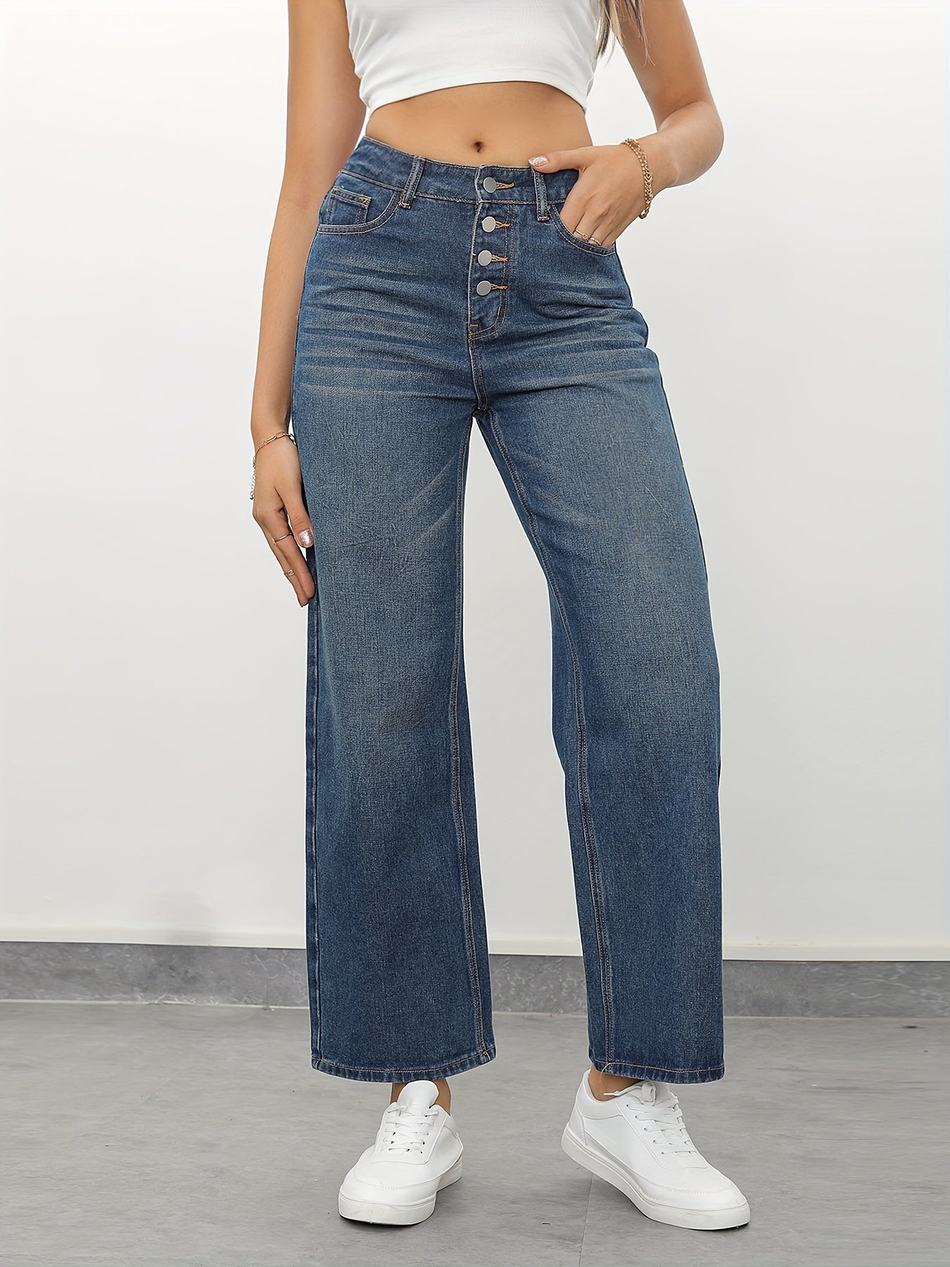 High Rise Loose Fit Jeans Button Fly Whiskering Washed Denim Pants