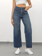 High Rise Loose Fit Jeans Button Fly Whiskering Washed Denim Pants