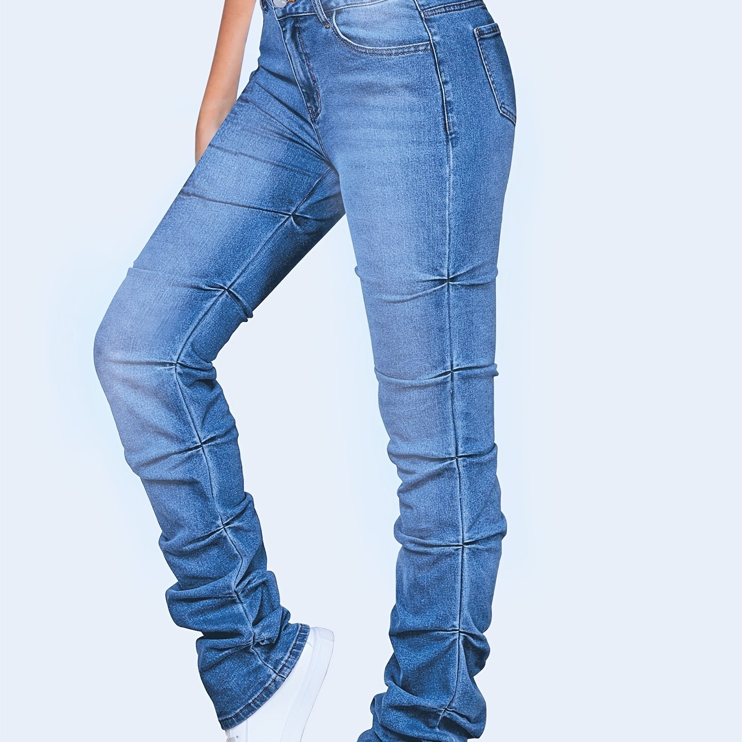 High Waist Solid Stacked Jeans Stretchy Pleat Zipper Button Closure Skinny Denim