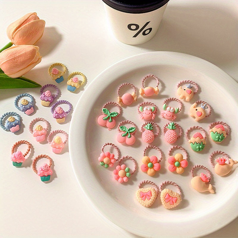 30pcs Fruit Animal Ice Cream Hair Tie Ponytail Holders Hair Accessory