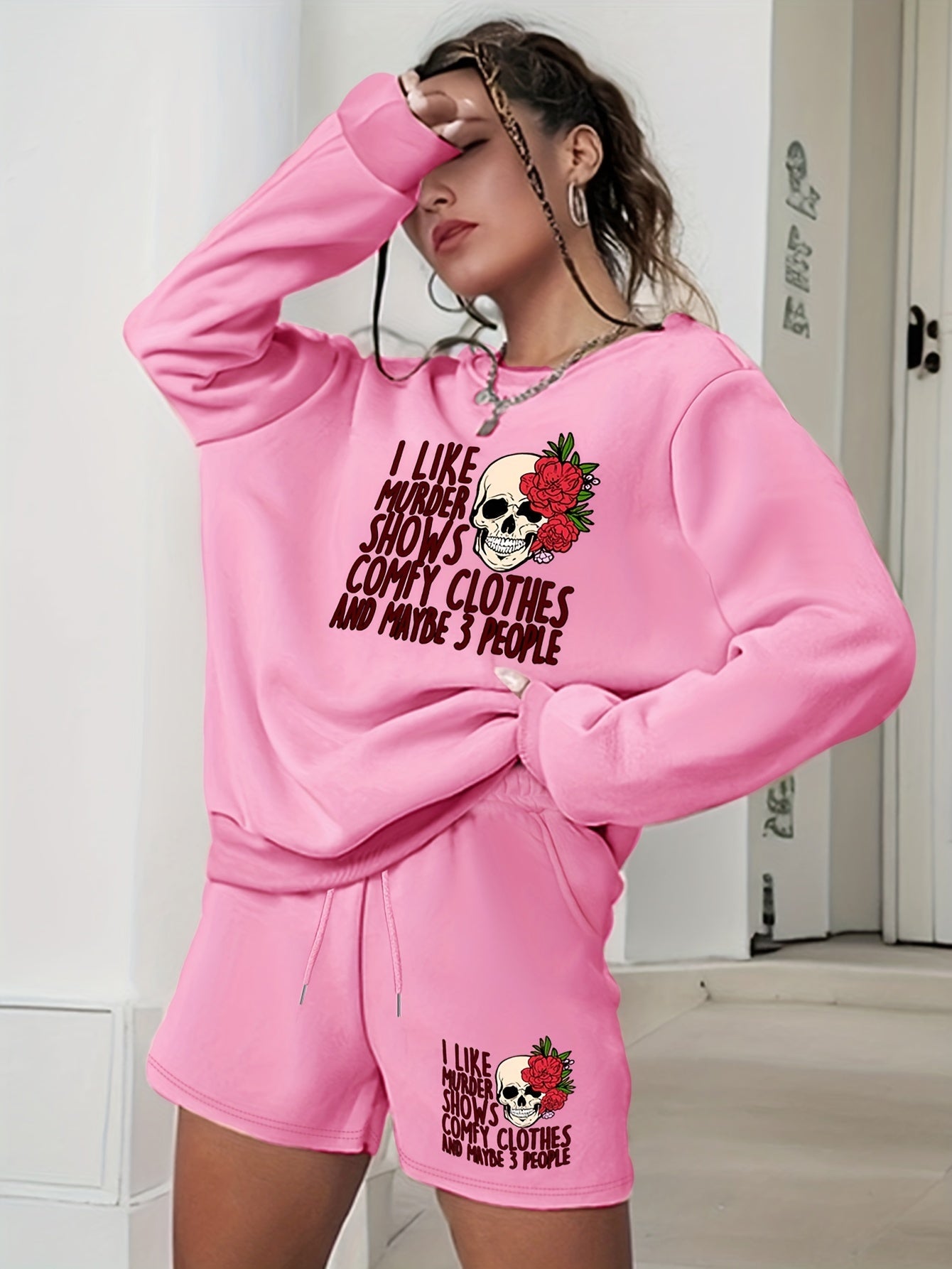 Halloween Graphic Print Sweatshirt & Shorts Set