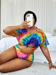 Tie Dye Bikini Set & Cover Up Top Swimsuit Set
