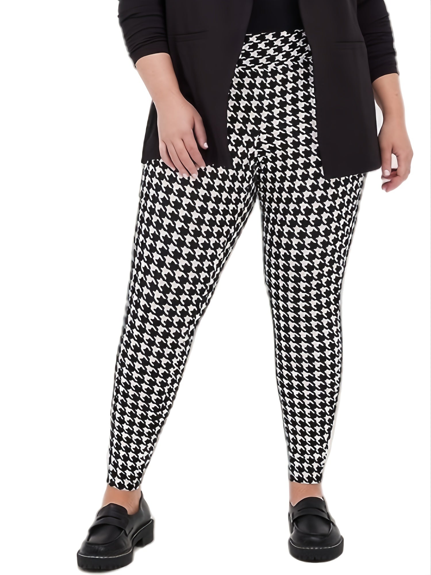 Houndstooth High Rise Wide Waist Band Stretch Leggings