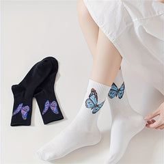 Butterfly Print Socks, Comfy & Breathable Mid Tube Stockings