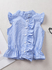Girls Striped Pearl Button Ruffled Sleeves Lace Trim Shirt Tops