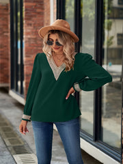 Solid Applique Long Puff Sleeve V Neck Top