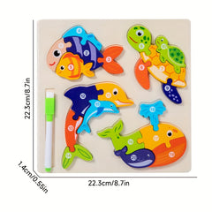Wooden Animal Puzzle Toy with Reusable Drawing Board Educational Play
