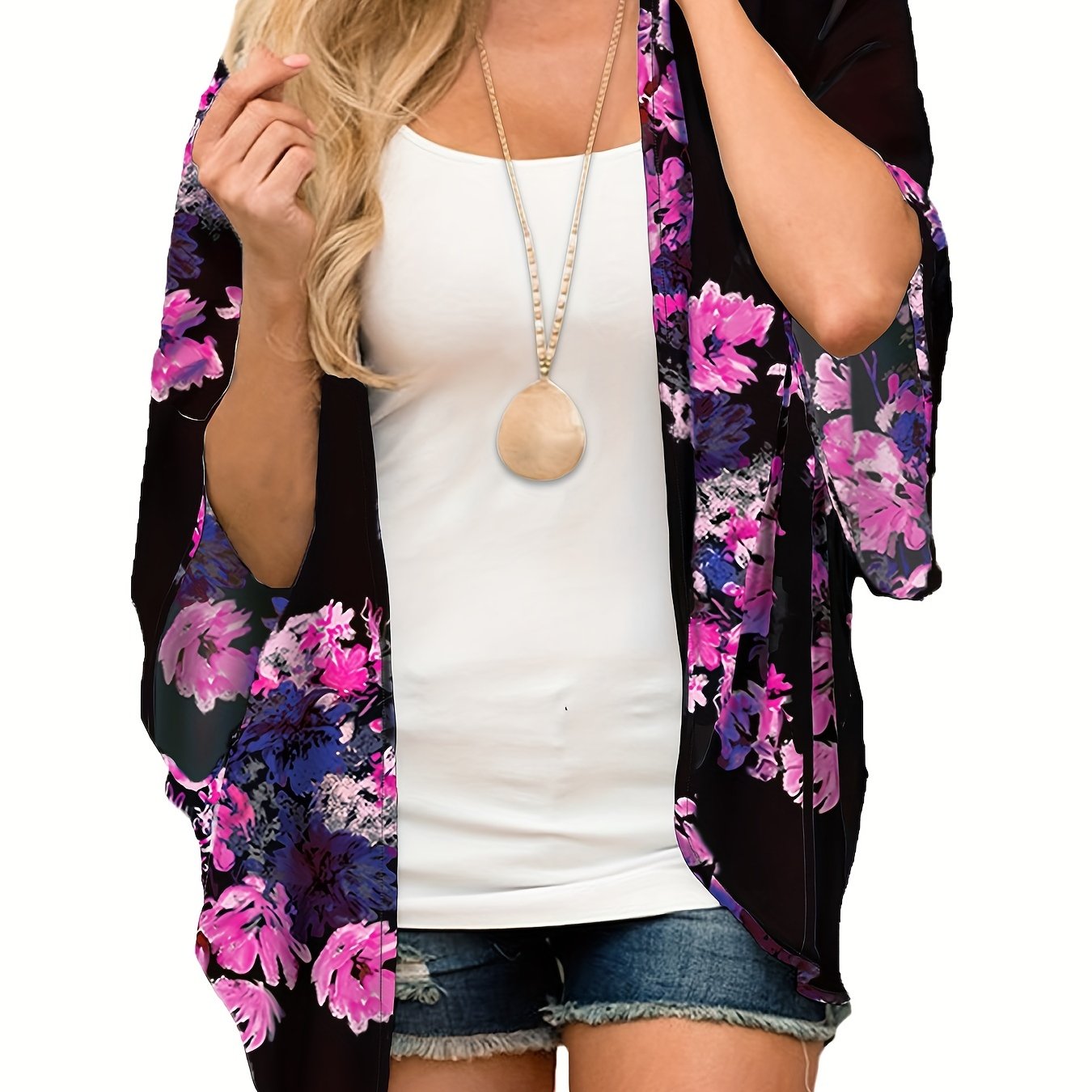 Floral Print Bat Sleeve Beach Cover Up