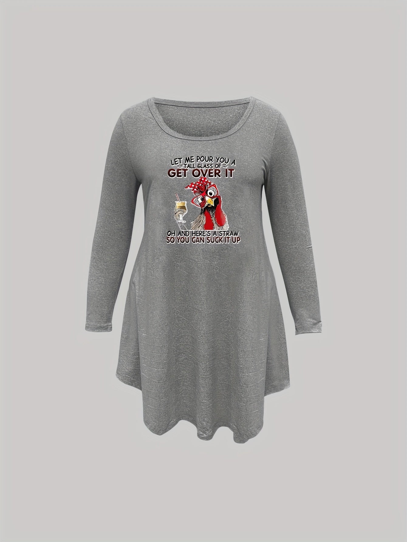 Plus Size Nightdress Funny Rooster Print Long Sleeve Sleep Dress