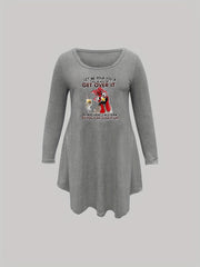 Plus Size Nightdress Funny Rooster Print Long Sleeve Sleep Dress