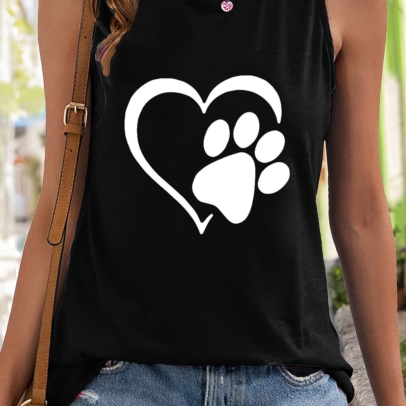 Dog Paw & Heart Print Tank Top Sleeveless Stretchy Fit