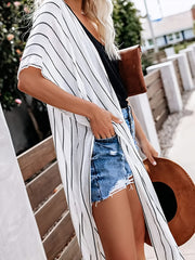 Striped Sheer Blouse Kimono V Neck Cover Up Short Sleeve Beachwear