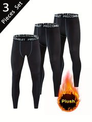 Men's Solid Sports PlushLeggings Active High Stretch Compression Pants