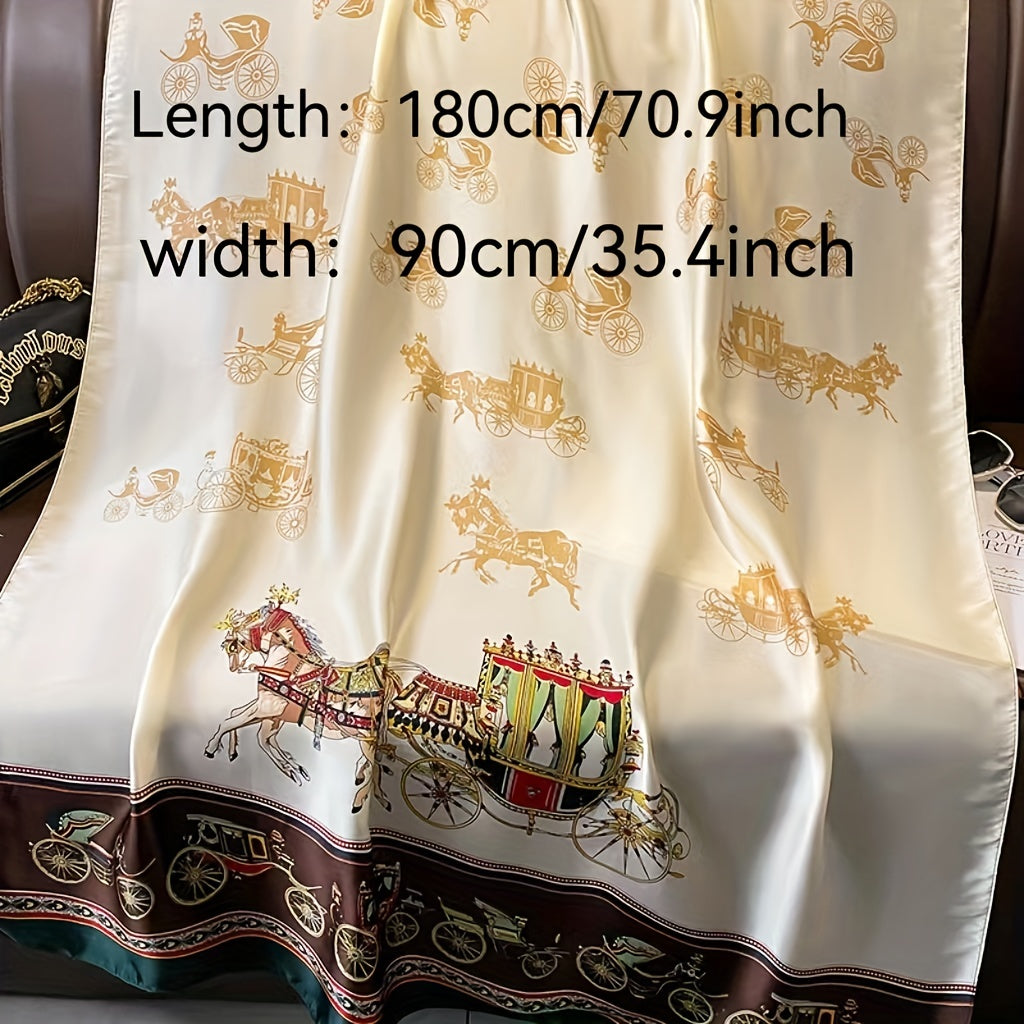 Retro Carriage Print Scarf Block Silk Shawl Head Wrap Women Sunscreen